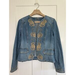 Kikit Jeans Jacket Denim Open Front Tan Floral Embroidery Size LARGE